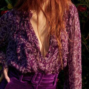 Sezane Céline Shirt Imprimé Feuillages Fond Violet
